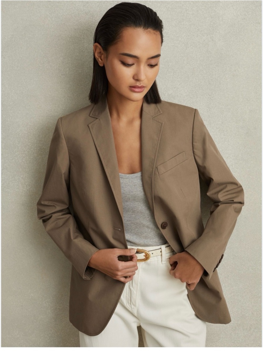 REISS Hope Single Breasted Cotton Blazer Taupe size 12